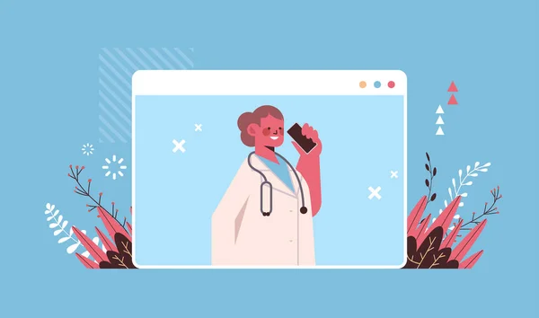 웹 브라우저의 여성 의사가 전화 상담 환자와 온라인상의 대화를 나누는 모습 — 스톡 벡터