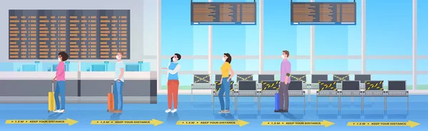 Mix corsa passeggeri mantenendo la distanza per evitare coronavirus concetto di distanza sociale aeroporto terminal interno — Vettoriale Stock