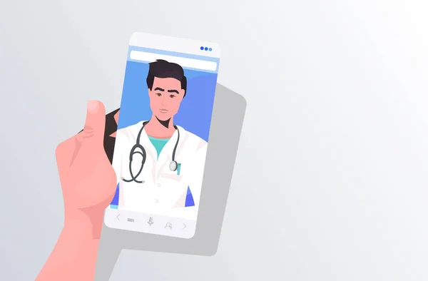 Patient diskuterar med manlig läkare i smartphone skärm online konsultation sjukvård medicinsk rådgivning — Stock vektor
