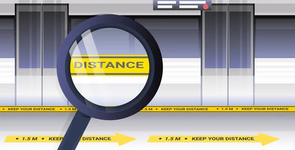 Metro vlak na nástupišti s nápisy pro sociální distancování coronavirus epidemie ochranná opatření — Stockový vektor