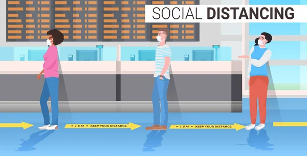 Mezcla raza pasajeros mantener distancia para evitar coronavirus concepto de distanciamiento social aeropuerto terminal interior — Archivo Imágenes Vectoriales