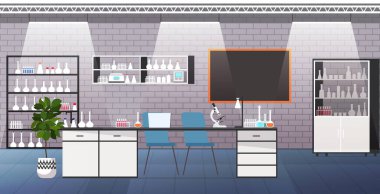 Modern laboratuvar içi boş. Mobilyalı ve test tüplü tıbbi laboratuvar yok.