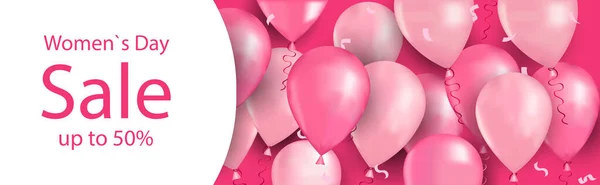 Día de la mujer 8 de marzo fiesta celebración compras venta concepto tarjeta de felicitación cartel o volante con globos de aire — Vector de stock