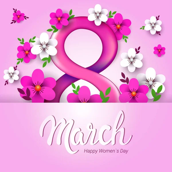Elegante número ocho día de las mujeres 8 marzo fiesta celebración pancarta volante o tarjeta de felicitación con flores — Vector de stock