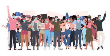 Yarış insanları maskeli ve ellerinde boş pankartlarla işçi bayramını kutluyorlar. Coronavirus karantina konsepti.