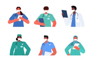 Coronavirus pandemik işçi bayramı kutlamasını önlemek için üniformalı yarış doktorlarına maske takın.