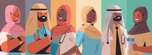 Установить арабских врачей аватары арабских мужчин женщин, носящих хиджабы медицинские работники сбора медицины здравоохранения — стоковый вектор