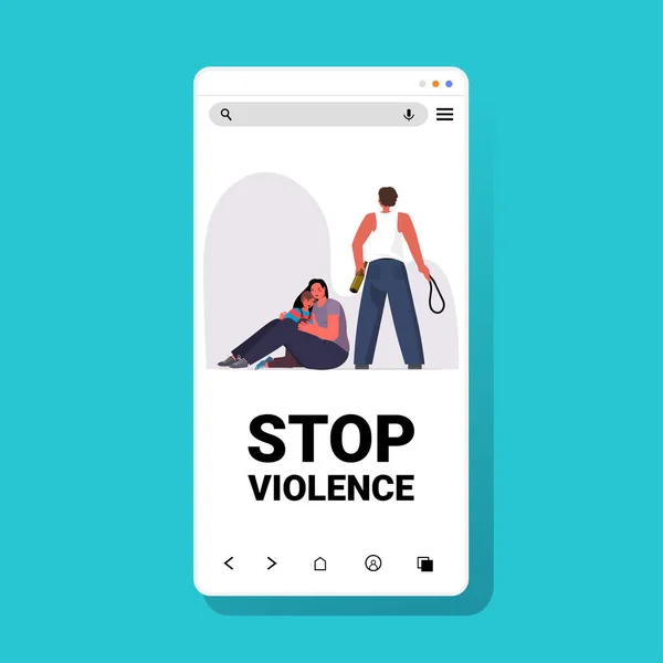 Berusad man slå och slå fru med dotter stoppa våld och aggression i hemmet — Stock vektor