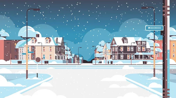 Város homlokzat épületek üres nincs ember városi utca ingatlan házak külső tél hóesés városkép — Stock Vector