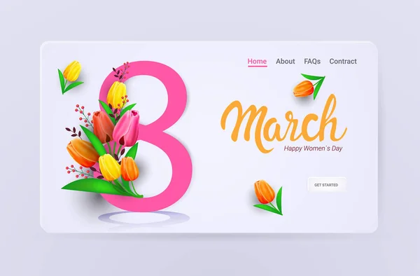 Женский день 8 марта праздник праздник продажа баннер флаер или поздравительная открытка с цветами и восемь номер — стоковый вектор