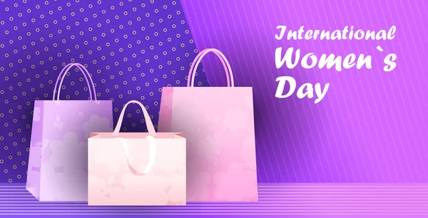 Ziua femeii 8 marș sărbătoare vânzare banner flyer sau felicitare cu saci de cumpărături orizontal — Vector de stoc