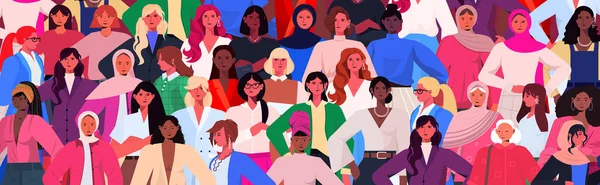 Mix ras kvinnor grupp firar internationella kvinnors dag 8 Mars semester firande koncept porträtt — Stock vektor