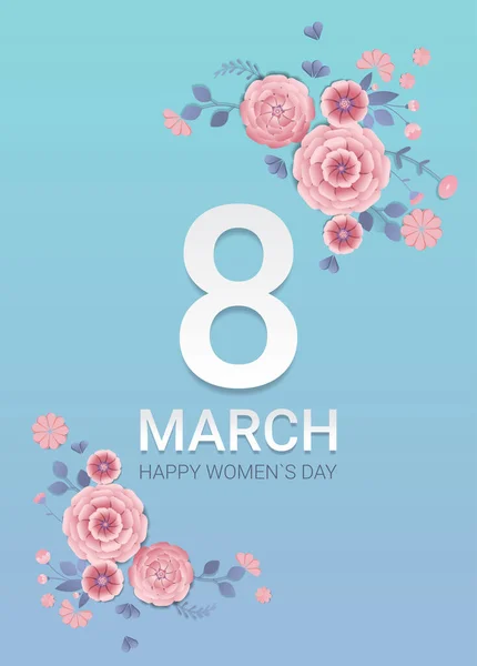 Ziua femeii 8 marș sărbătoare banner flyer sau felicitare cu flori decorative de hârtie — Vector de stoc