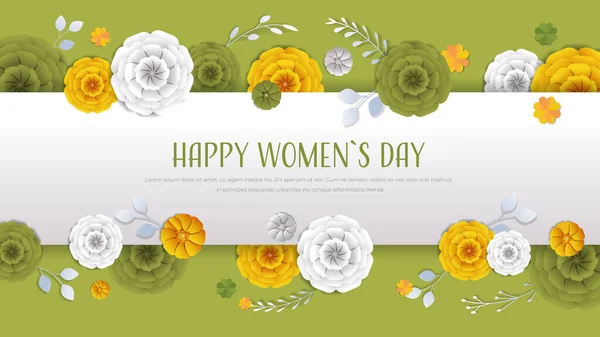 Womens day 8 march holiday celebration banner flyer or greeting card with decorative paper flowers — Stock Vector