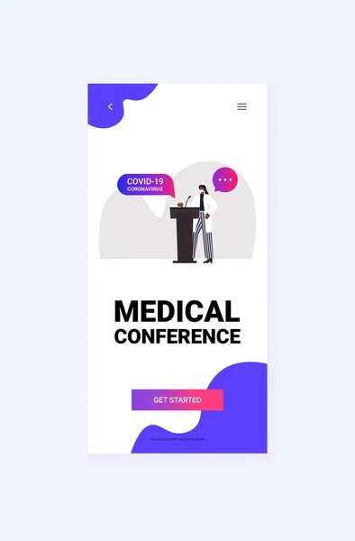 Ärztin hält Rede auf der Tribüne mit Mikrofon medizinische Konferenz covid-19 Pandemie — Stockvektor