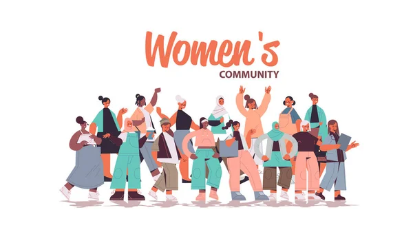 Mélanger les filles de race debout ensemble mouvement d'autonomisation des femmes union communautaire des féministes concept — Image vectorielle