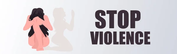 Rädd livrädd kvinna gråter och ber stoppa våld och aggression koncept full längd — Stock vektor
