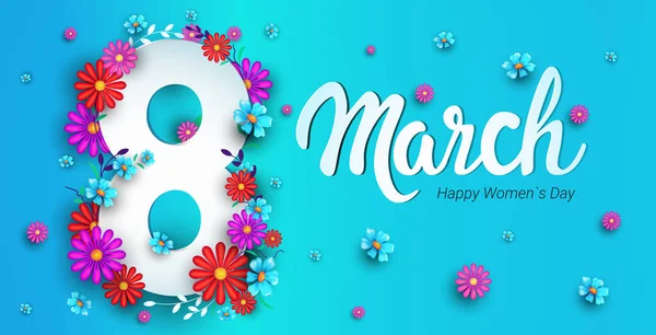 Festa delle donne 8 marzo festa banner volantino o biglietto di auguri con fiori sul numero otto — Vettoriale Stock
