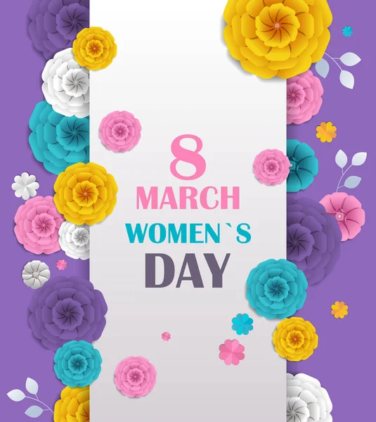 Kadınlar Günü 8 Mart bayram afişi ya da süslü kağıt çiçeklerle dolu tebrik kartı — Stok Vektör