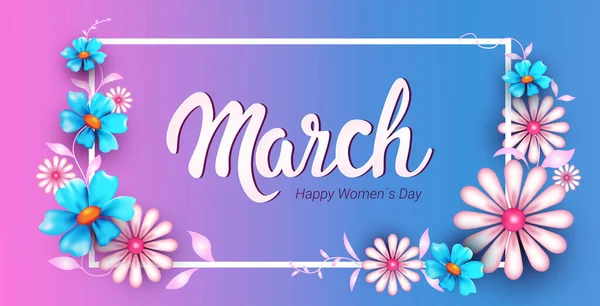 Womens day 8 march holiday celebration banner flyer or greeting card with beautiful flowers — Stock Vector