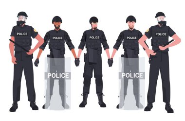 Irk polislerini tam teçhizatlı çevik kuvvet polisleri protestocular ve gösteri gösterileri kitle kontrolleri ile karıştır.