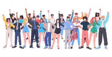 İnsanlar maske takıp İşçi Bayramı 'nı kutluyor. Coronavirüs karantinası.