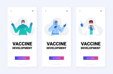 Doktorlara koruyucu maskeler giydirin şırınga ve şişe şişesi, koronavirüs aşısı geliştirin.