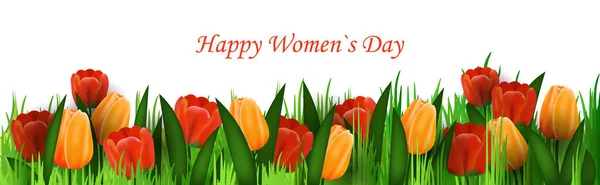 Femei zi 8 martie sărbătoare sărbătoare litere flyer banner sau felicitare cu flori orizontale vector ilustrare — Vector de stoc