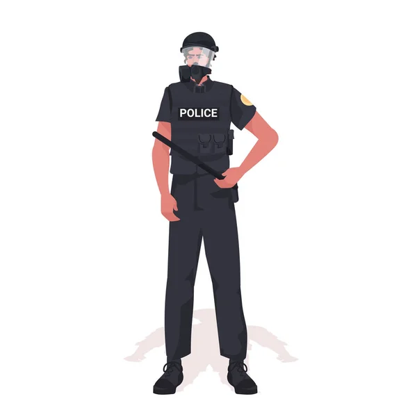 Policeman in full tactical gear riot police officer holding baton protesters and demonstration riots mass control — Stock Vector