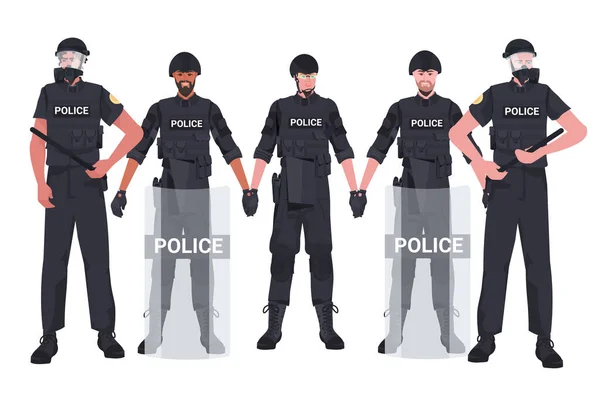 Misturar policiais de raça em equipamento tático cheio de motim policiais manifestantes e protestos motins de demonstração controle de massa — Vetor de Stock