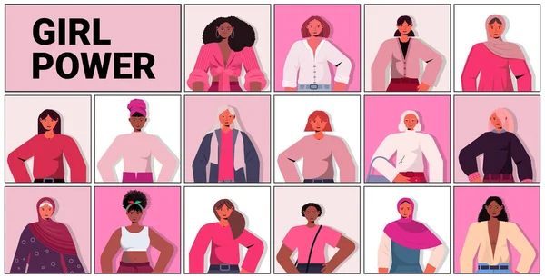 Set mix ras meisjes avatars vrouw empowerment beweging vrouwen macht unie van feministen concept — Stockvector