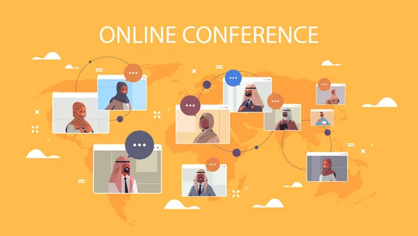 Arabi uomini d'affari nelle finestre del browser web discutendo durante meeting conferenza internazionale online aziendale — Vettoriale Stock