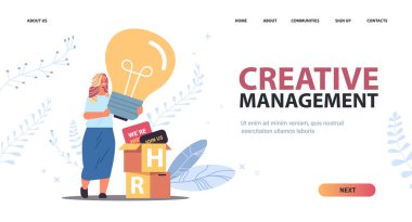 İş kadını yöneticisinin elinde ampul, yaratıcı yönetim, insan kaynakları var.