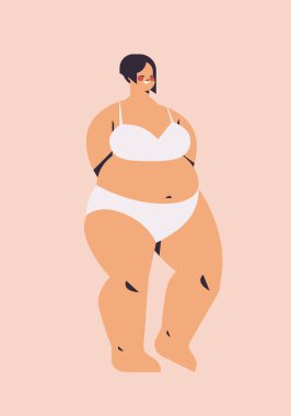 Bikini giyen kilolu genç ve şişman bir kız. Ayakta duran kadın vücudunu seviyor.