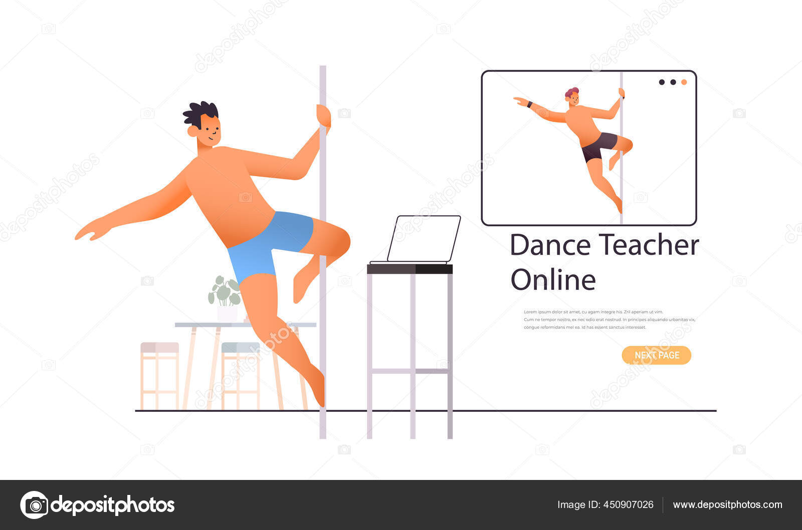 Pole dance man doing dancing exercises on pilon with dance teacher in web browser window online workout Stock Vector by mast3r 450907026