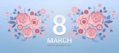 Kadınlar Günü 8 Mart bayram afişi ya da süslü kağıt çiçeklerle dolu tebrik kartı