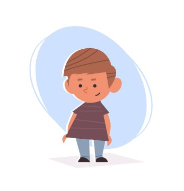 Güzel çocuk ayakta duran sevimli çocuk erkek çizgi film karakteri uzun boylu.