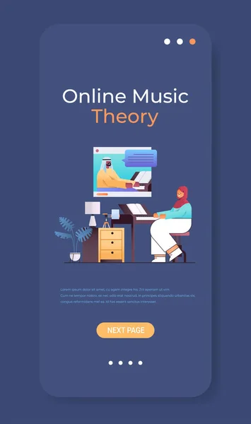 Araba donna che suona il pianoforte mentre guarda video lezioni con insegnante nella finestra del browser web teoria musicale online — Vettoriale Stock