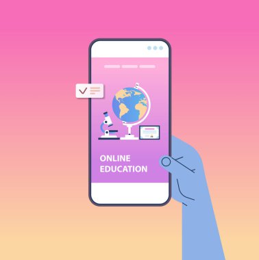 Akıllı telefon ekranı çevrimiçi eğitim kavramında mobil eğitim uygulaması kullanan insan eli