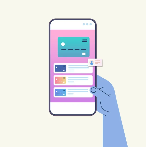 Kéz segítségével mobil banki alkalmazás hitelkártyával okostelefon képernyőn online bolt internetes vásárlás vagy fizetés — Stock Vector