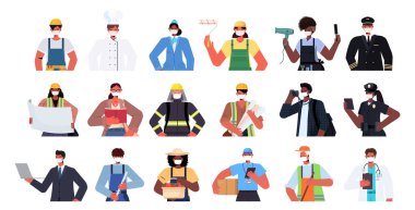 Coronavirüs pandemik işçi bayramını önlemek için farklı mesleklerden insanların maske takmasını sağlayın.