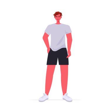 Gündelik giysiler içindeki genç adam erkek çizgi film karakteri tam boy vektör çizimi yapıyor.