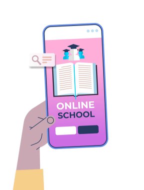 İnsan eli dijital mobil uygulama uzaklık eğitimi kullanarak online okul e-öğrenim sosyal mesafe kavramı