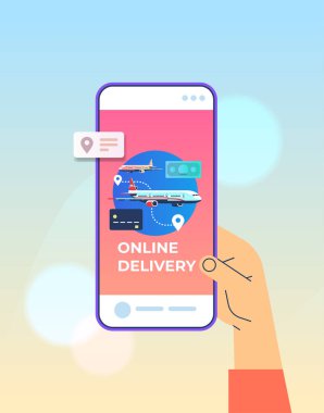 İnsan eli, taşınabilir uygulamayı kullanarak uçakla hızlı teslimat hizmeti çevrimiçi alışveriş hava lojistiği sağlar.