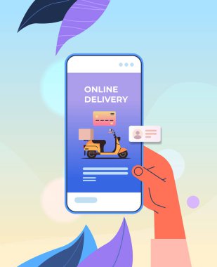 Mobilet hızlı teslimat hizmetleri online alışveriş e-ticareti için mobil uygulama kullanan insan eli