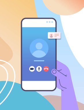Akıllı telefon ekranı dikey görüntülü toplantı görüntüsü için mobil uygulama kullanan insan eli