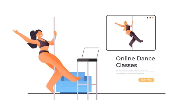 Pole dance žena dělá taneční cvičení na pilon s učitelem tance ve webovém okně prohlížeče on-line cvičení — Stockový vektor