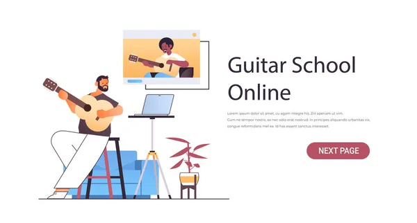 Muž hraje na kytaru s učitelem v okně webového prohlížeče během virtuální konference on-line hudební škola koncept — Stockový vektor