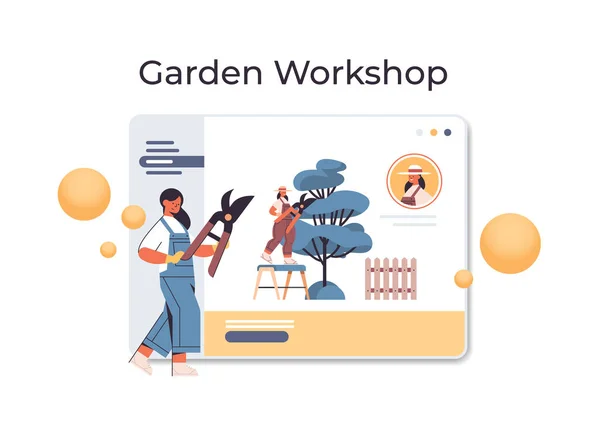 Žena zahradník s nůžkami prořezávání větví stromů ve webovém prohlížeči okno zahradnictví workshop on-line zahradničení — Stockový vektor