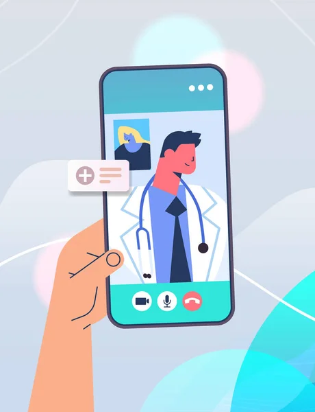 Patient diskutiert mit Arzt auf Smartphone-Bildschirm während Videoanruf Online-Konsultation Medizin Gesundheit — Stockvektor